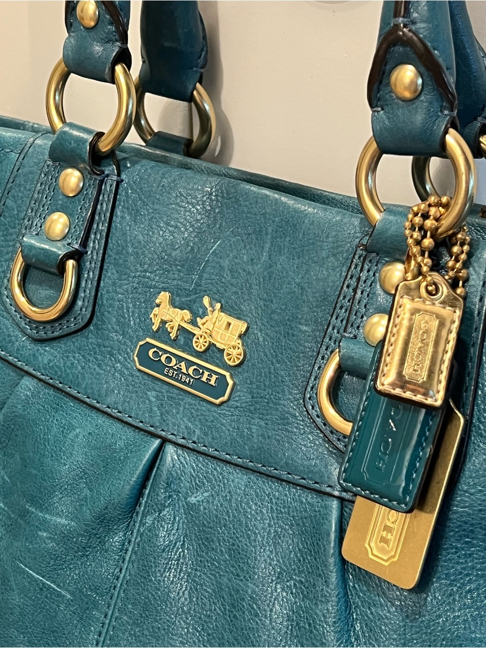 Rare, Coach Teal Blue Leather Tote with Gold Hardware - Picture 3 of 8
